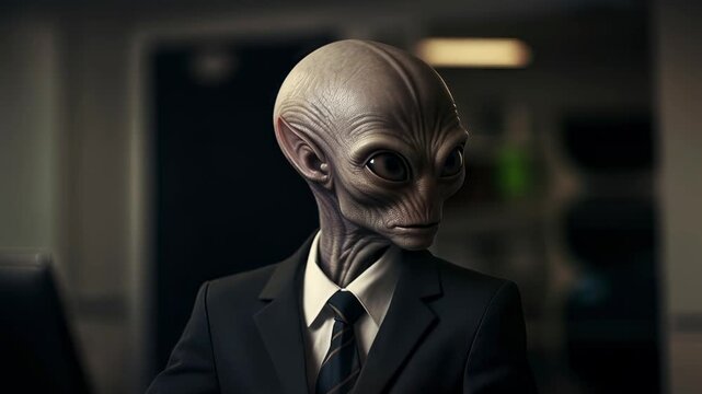 Alien in business suit looking at screen with focused and contemplative expressions, extraterrestrial life in corporate setting footage.