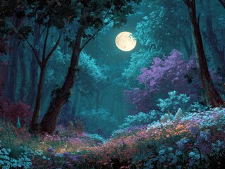 Moonlit Enchanted Forest  Fantasy Woodland Scene with Blooming Wildflowers and Glowing Full Moon Nighttime Forest Landscape