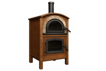 Wood fired pizza oven with brick arch and black chimney, traditional outdoor cooking appliance