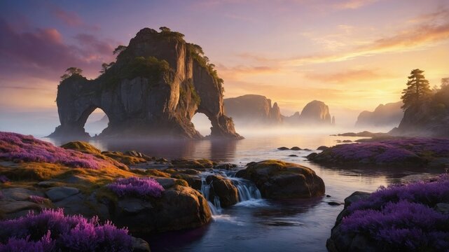 Serene coastal landscape at sunset featuring unique rock formations and vibrant purple flowers