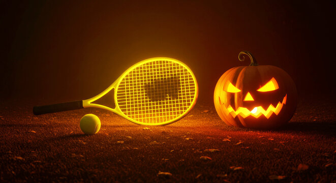 Halloween pumpkin and tennis racket with ball on illuminated grass. Scary jack o lantern with sport equipment for a spooky October night event.