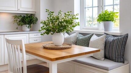 Naklejka premium Scandinavian style kitchen dining nook with white cabinets