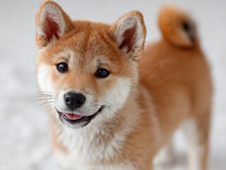 A small brown and white dog standing in the snow