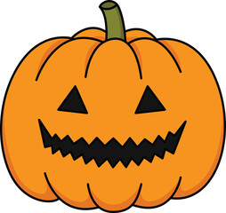 Cute halloween clipart pumpkin face spooky smiling jack o lantern with stem and carved triangle eyes and jagged mouth in autumn mood