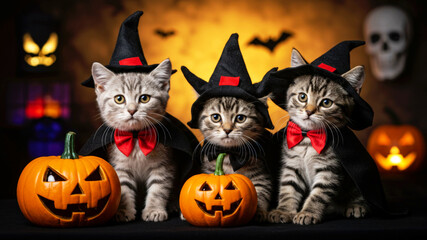 Three cute kitten in witch costume with pumpkin on Halloween. Festive party fun with pet animal. Spooky cat family.