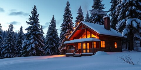 snowy cabin with warm lights glowing through windows, pine trees around, twilight sky, cozy winter atmosphere.