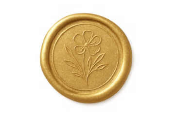 Gold wax seal with embossed flower illustration, vintage elegant round stamp, transparent background