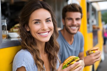 Happy couple enjoying street food hamburgers at an outdoor event