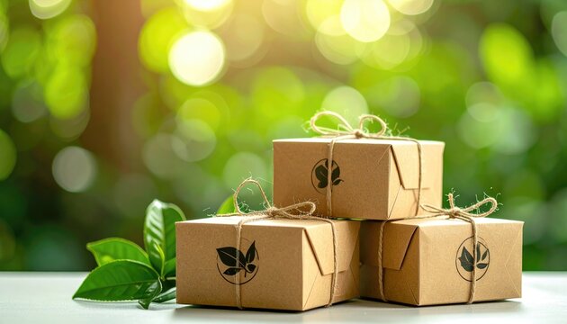 Stacked brown boxes tied with twine, eco-logos imprinted, green foliage backdrop, soft focus, and dappled sunlight