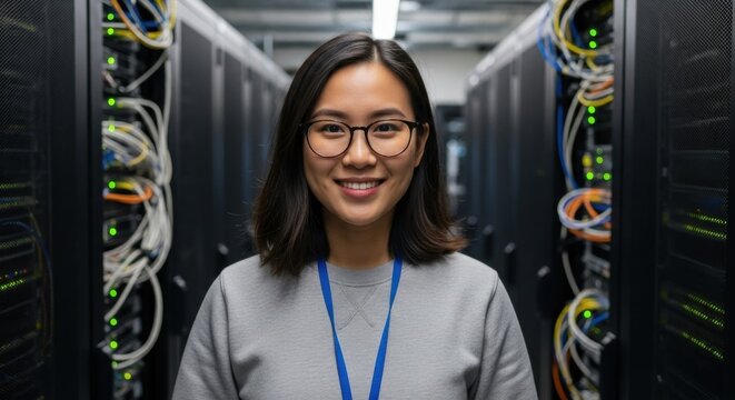 Female IT technician smiles confidently in server room surrounded by network cables and equipment