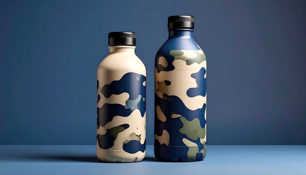 Two metal water bottles, with a blue camo pattern, stand on a blue surface against a blue backdrop