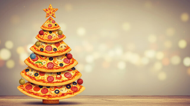 Pizza slices arranged in a Christmas tree shape with a star on top and ornaments. Creative holiday food concept for restaurant promotion.