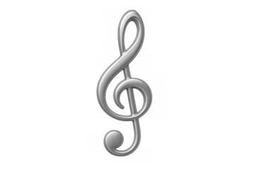 Silver metallic treble clef symbol representing music, sound, melody, and artistic expression on transparent background