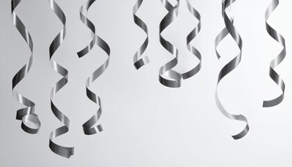 Elegant silver curly ribbons hanging on a light background, perfect for celebrations, holidays, and festive designs.