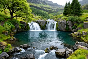 Fototapeta premium Kirkjufellsfoss waterfall creating tranquil natural landscape in iceland