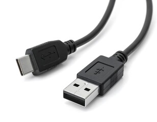Close-up of black USB cable featuring a USB-A and a USB-C connector on a clean white background