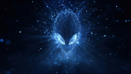 Futuristic Alien Face — Abstract Blue Energy Particle Explosion in Dark Space