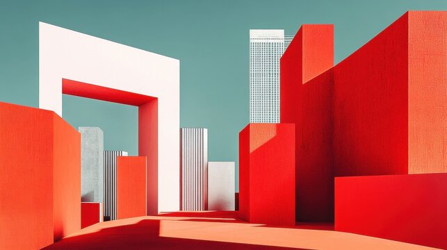 Modern architectural landscape with vibrant red structures and a skyward view in an urban setting