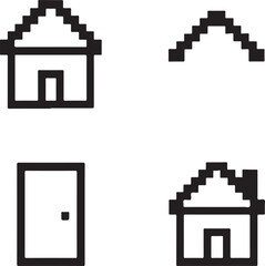 Fototapeta premium Isolated Home Icon Set, Black Pixel Art, House Building Symbol, Door and Roof Design, Minimal Vector, Retro Pixel Home Icon, Residential and Property Pexels Style