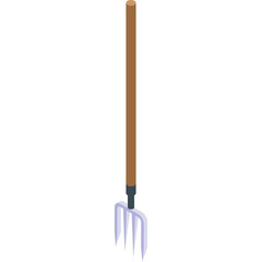 A Long Wooden Handle Pitchfork With Four Light Blue Tines Isolated On A White Background