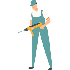 A Male Construction Worker in Teal Overalls and White Shirt Holding a Yellow Drill Tool Indoors with a Transparent Background