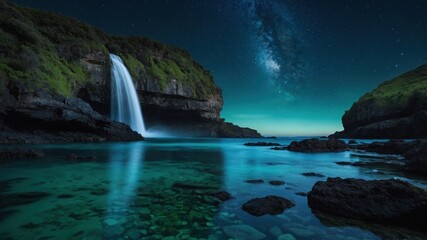Serene night scene of a cascading waterfall illuminated by starlight over a tranquil ocean