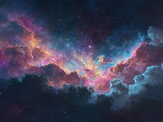 Fototapeta premium Pixelated Cosmic Cloudscape, Stylized Vibrant Nebula Starfield, Abstract Digital Art Galactic View, Modern Space Scene Background