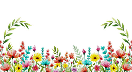 Vibrant watercolor floral border with delicate leaves and diverse colorful wildflowers isolated on transparent background