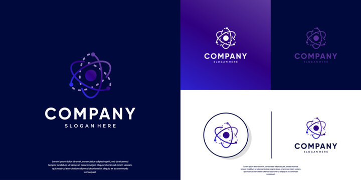 atomic nucleus logo around electron orbit, future energy, physics, vector design illustration.