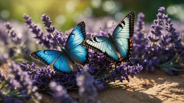 Two vibrant blue butterflies perched on blooming lavender flowers in a sunlit garden setting