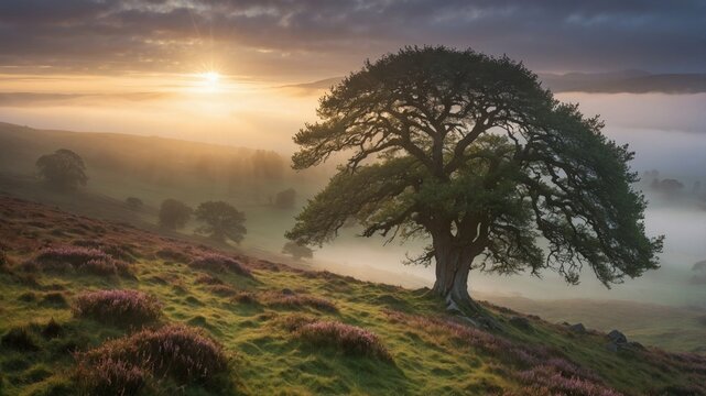 Serene sunrise over a misty landscape featuring a lone tree amidst vibrant purple heather