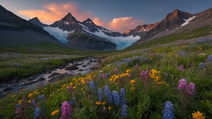 Majestic mountain landscape with vibrant wildflowers in foreground and glacier under sunset sky