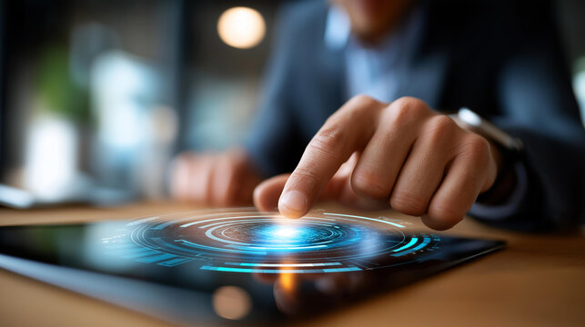 Business professional hands gesturing toward glowing AI icon surrounded by rotating digital metrics and graphs tablet device visible machine learning analytics predictive busine