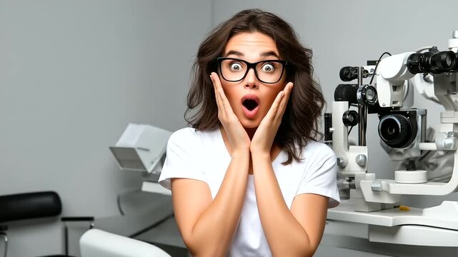Modern healthcare theme &mdash; female patient surprised at diagnosis, optometrist equipment and eye test background, with copy space.