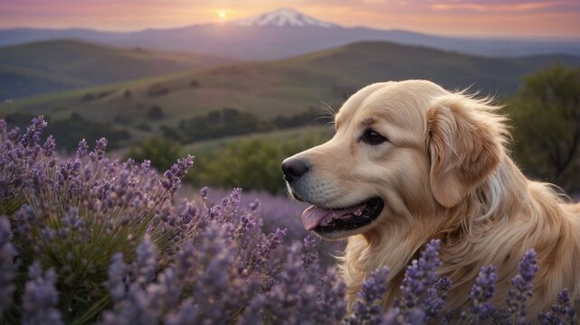 Golden retriever sitting in a lavender field during sunset with mountains in the background