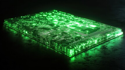Futuristic green circuit board glowing in dark setting, showcasing advanced technology and innovation