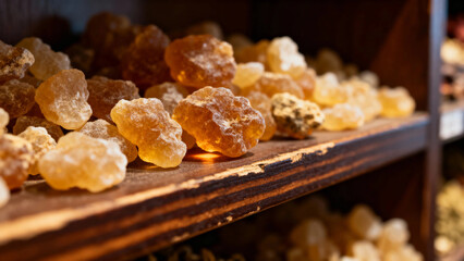 Close-up of amber-colored resin pieces displayed on a wooden shelf