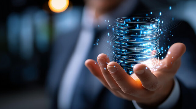 Faceless database administrator hands gesturing over holographic data warehouse architecture ETL process visualization database metrics floating suit visible face obscured with