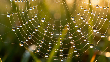 Spiderweb covered in dewdrops glistening in morning light