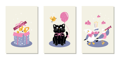 A set of beautiful greeting cards. A trendy minimalist design with funny characters. A vector template for a poster, banner, or holiday cover.