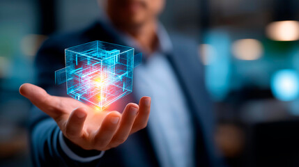 Faceless database administrator hands gesturing over holographic data warehouse architecture ETL process visualization database metrics floating suit visible face obscured with