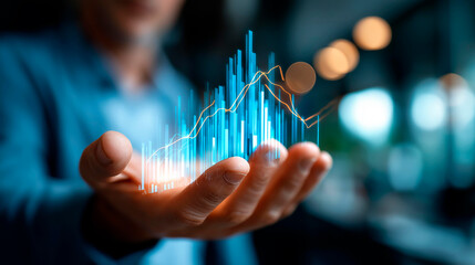 Business professional hands gesturing over holographic sales report quarterly results trend analysis charts forecasting data performance indicators floating face defocused