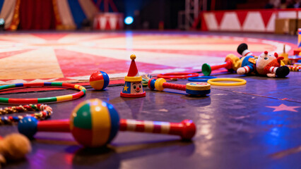 Colorful circus props scattered on a stage floor, including juggling balls, hoops, and toys.