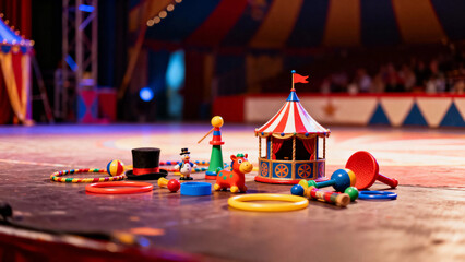 Colorful circus toys arranged on a stage with a tent and audience in the background