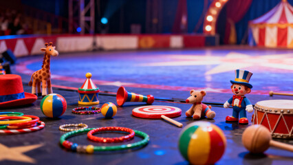 Colorful circus toys and props arranged on a stage with a tent in the background