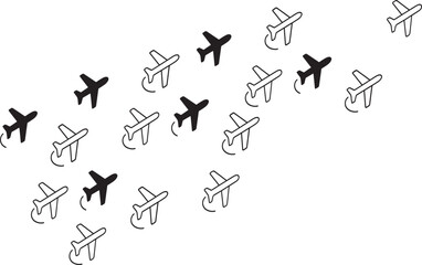 Naklejka premium Aircraft Icon Set, Airplane Flight Symbol, Aviation and Travel Concept, Minimal Vector, Black and White Outline and Filled Style, Isolated Design for Transport and Logistics Projects
