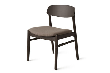 Minimalist wooden dining chair having upholstered seat and dark brown frame isolated on transparent background