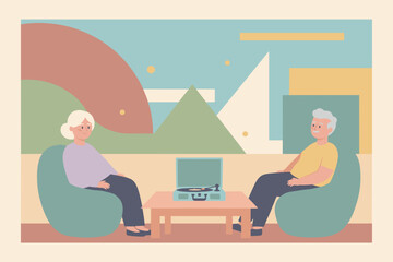 Happy senior couple relaxing at home listening to music on a vintage record player Leisure