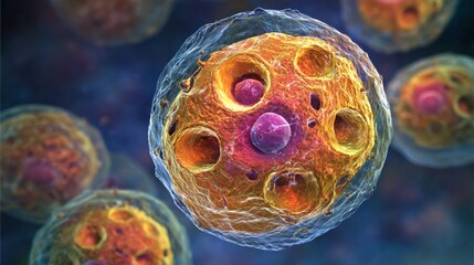 Microscopic view showcases colorful cells with unique structures and lively details in biology.