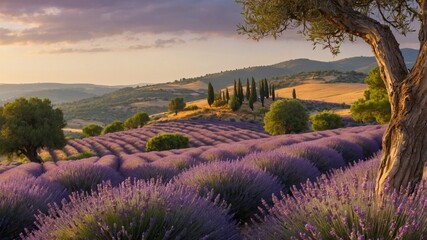 Serene lavender fields under a vibrant sunset with distant hills and cypress trees in the background
